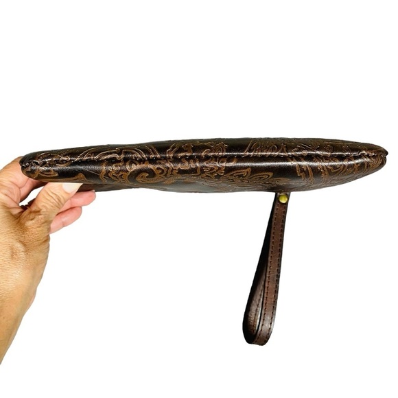 Patricia Nash Dark Brown Tooled 100% Leather Cassini Wristlet - Paisley Design - Picture 7 of 13